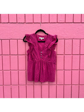 #39 XS Loft Petite Starry Eyelet Ruffle Dark Pink Peplum Top
